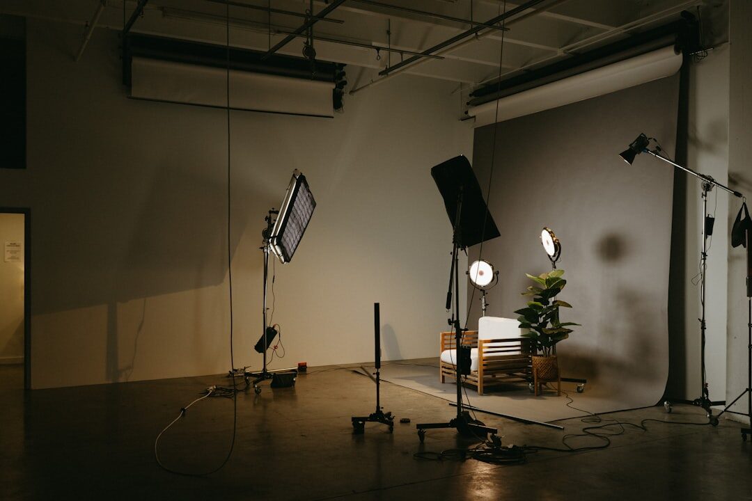Professional TV broadcast studio with cameras and studio lighting
